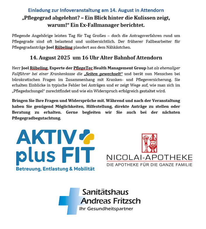Pflegegradantrag leicht gemacht Einladung Informationsveranstaltung Pflegegradantrag am 14. August 2025 in Attendorn.