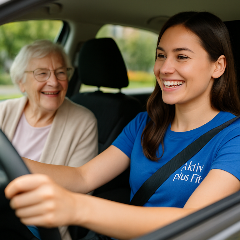 Aktiv + Fit sichert Ihre Mobilität Junge Frau fährt im Auto, ältere Dame sitzt daneben und lächelt.