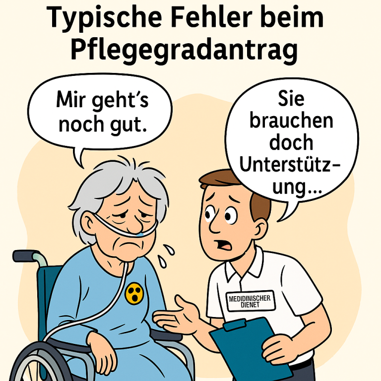 Fehler beim Pflegegradantrag Ein älterer Mann spricht besorgt mit einer Rollstuhlfahrerin über Pflegebedarf.